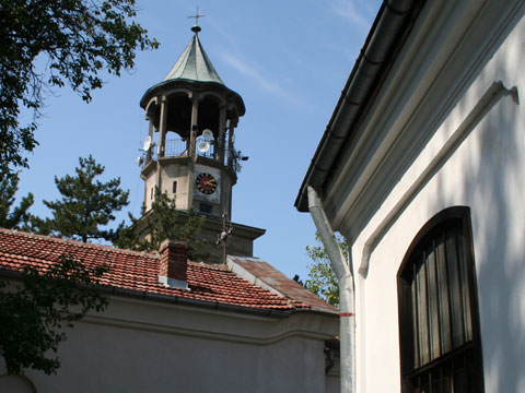 The bell tower from behind the church